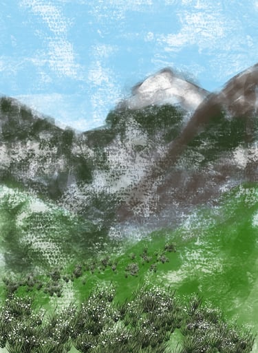 Illustration de paysage de montagne verdoyant avec fleurs blanches sous un ciel bleu texturé