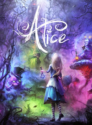 Alice in a colourful background in the image of the VR Game Alice VR