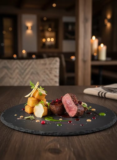Close-up of a gourmet steak dish with elegant plating on a slate platter in a luxury Ischgl restaura