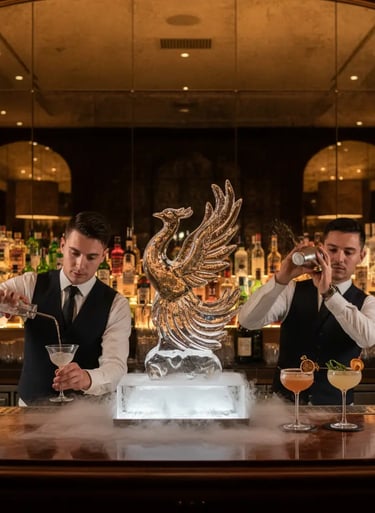 Two professional bartenders crafting cocktails behind a bar featuring a dramatic phoenix ice sculptu