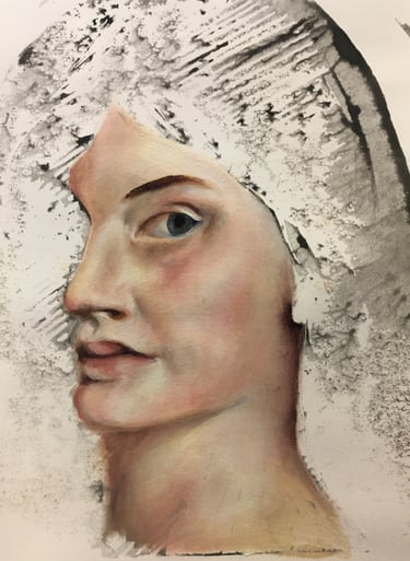 Oil painted partial image of a ladies face looks at viewer. Hair is a partial print in black ink.