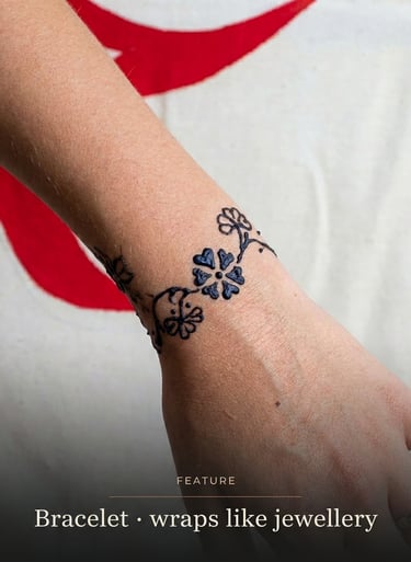 A delicate floral henna tattoo bracelet design wrapping around a person's wrist.