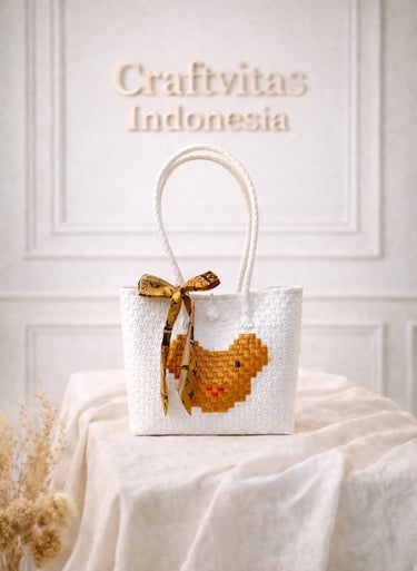 Tas anyaman karakter beruang warna putih handmade dari plastik daur ulang