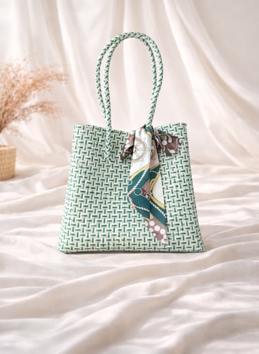 Tas anyaman plastik jali jali warna putih hijau handmade dengan aksen scarf, ramah lingkungan dan elegan