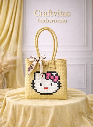 Tas anyaman karakter kucing warna cream handmade dari plastik daur ulang