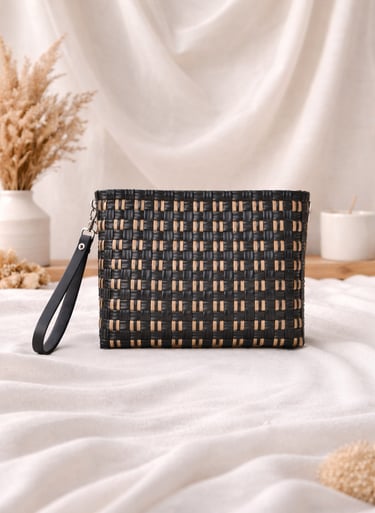 Tas anyaman plastik handmade warna hitam dan coklat motif kotak model clutch eksklusif