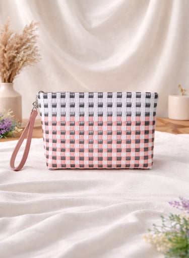 Tas anyaman plastik handmade warna pink dan abu motif kotak cocok untuk tas tangan wanita
