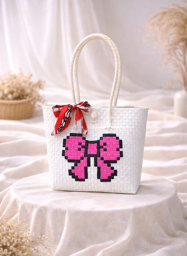 Tas anyaman karakter kupu-kupu putih pink handmade ramah lingkungan