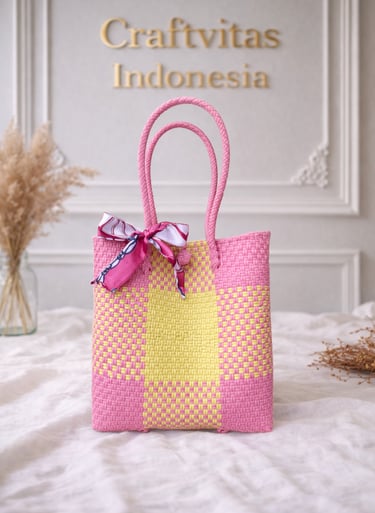 Tas anyaman plastik motif batik pink kuning handmade Craftvitas Indonesia