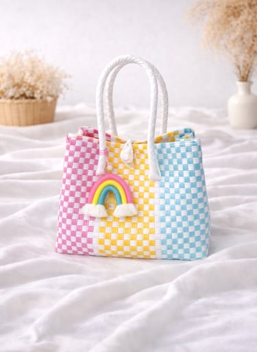 Tas anyaman plastik handmade kombinasi pink kuning biru, tas anyaman wanita aesthetic