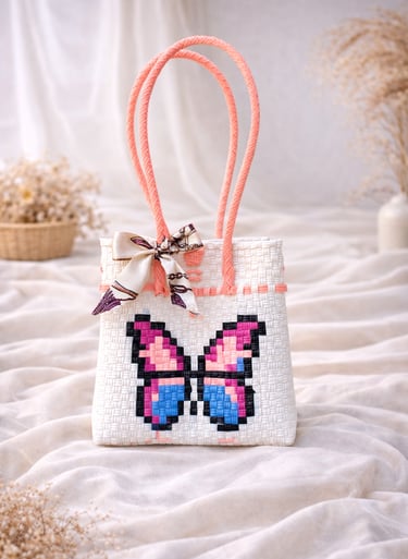 Tas anyaman karakter kupu-kupu warna pink biru handmade dari plastik