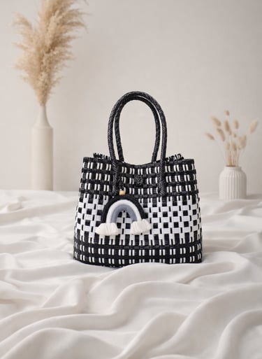 Tas anyaman plastik handmade hitam putih minimalis, tas anyaman wanita desain modern