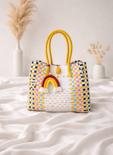 Tas anyaman plastik handmade warna putih dengan aksen cerah, tas anyaman wanita modern