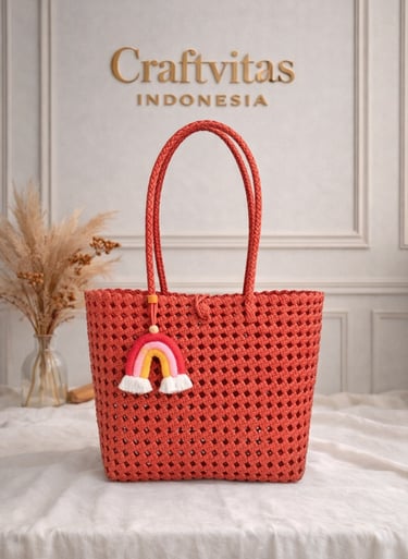 Tas anyaman plastik model sekar warna merah bata handmade Craftvitas Indonesia