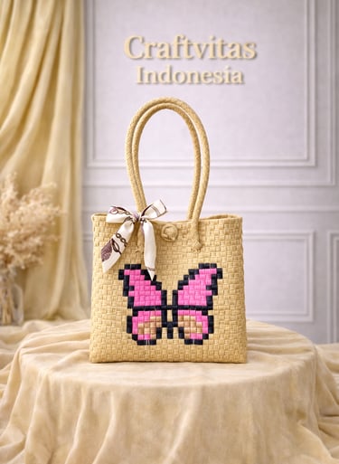 Tas anyaman karakter kupu-kupu warna cream handmade ramah lingkungan