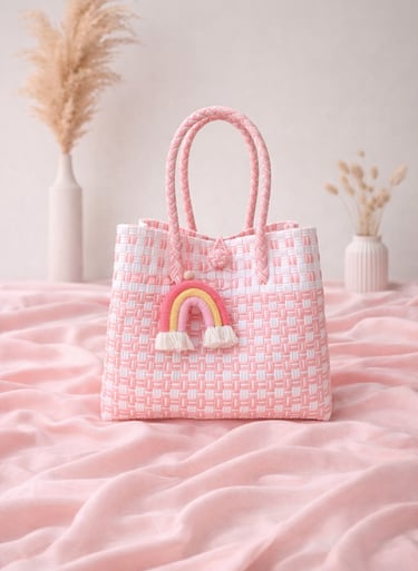 Tas anyaman plastik handmade warna pink soft, tas anyaman wanita aesthetic dan elegan