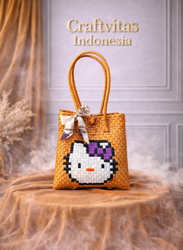 Tas anyaman karakter kucing lucu warna emas handmade dari plastik daur ulang
