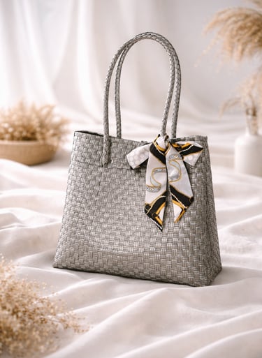 Tas anyaman plastik handmade warna abu-abu dengan pita elegan untuk souvenir dan hampers eksklusif