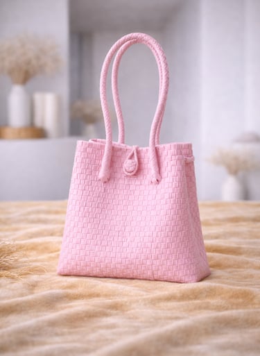 Tas anyaman plastik jali jali warna pink soft handmade, tas anyaman manis dan ramah lingkungan
