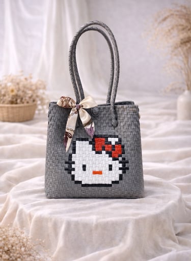 Tas anyaman karakter kucing lucu warna abu tua handmade dari plastik daur ulang