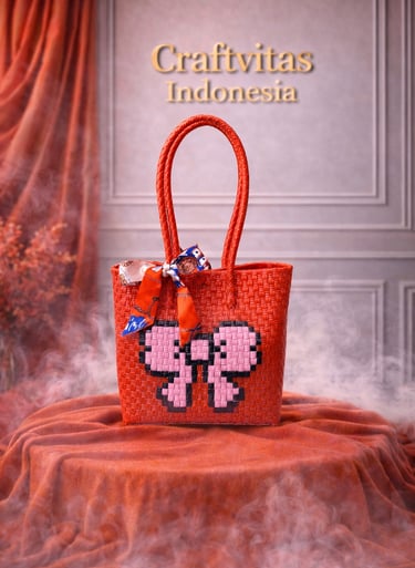Tas anyaman karakter pita warna merah handmade dari plastik daur ulang
