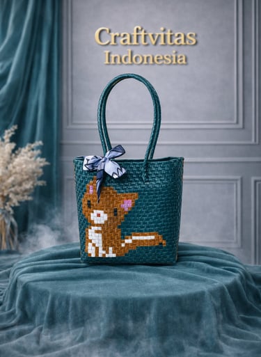 Tas anyaman karakter kucing warna hijau botol handmade cocok untuk souvenir