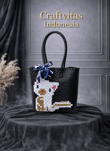Tas anyaman karakter kucing hitam handmade dari plastik daur ulang