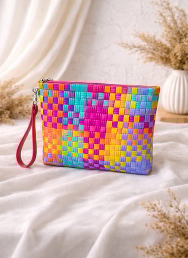 Tas anyaman plastik handmade warna warni cerah, model clutch wanita unik dan ramah lingkungan