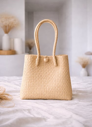 Tas anyaman plastik jali jali warna cream natural handmade, tas anyaman klasik ramah lingkungan