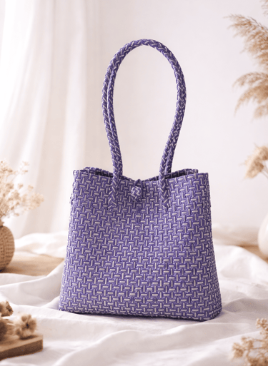 Tas anyaman plastik jali jali warna ungu handmade, tas anyaman modern buatan UMKM lokal