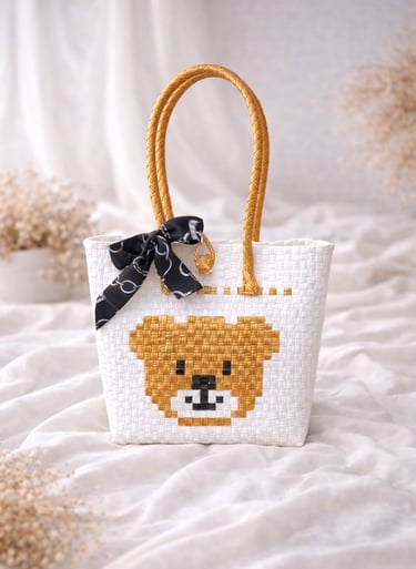 Tas anyaman karakter beruang warna putih kuning handmade untuk souvenir