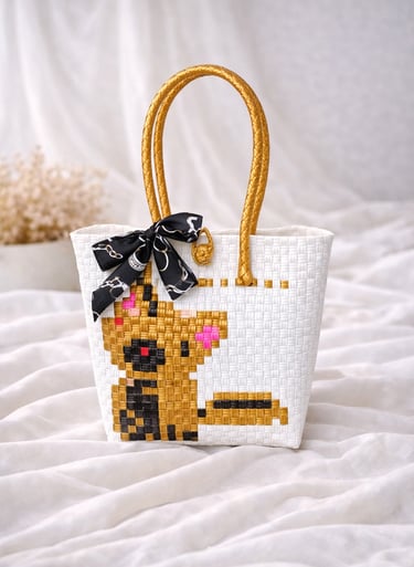 Tas anyaman karakter anjing putih coklat handmade ramah lingkungan