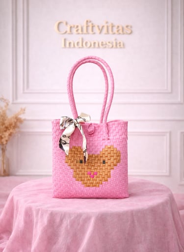 Tas anyaman karakter beruang warna pink handmade untuk hampers dan kado