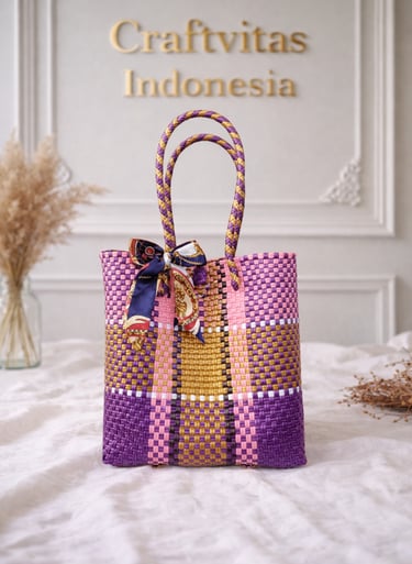 Tas anyaman plastik motif batik ungu kuning pink handmade Craftvitas Indonesia