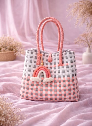 Tas anyaman jali jali plastik warna kombinasi pink peach silver dan putih premium cocok untuk berbagai kegiatan