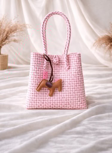 Tas anyaman plastik jali jali putih pink motif handmade dengan gantungan kuda, tas anyaman eksklusif wanita