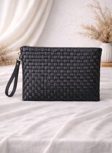 Tas anyaman plastik handmade warna hitam polos model clutch wanita dengan desain minimalis