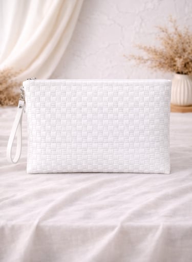 Tas anyaman plastik handmade warna putih polos model clutch elegan ramah lingkungan