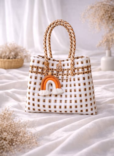 Tas anyaman plastik handmade putih coklat, tas anyaman wanita desain timeless