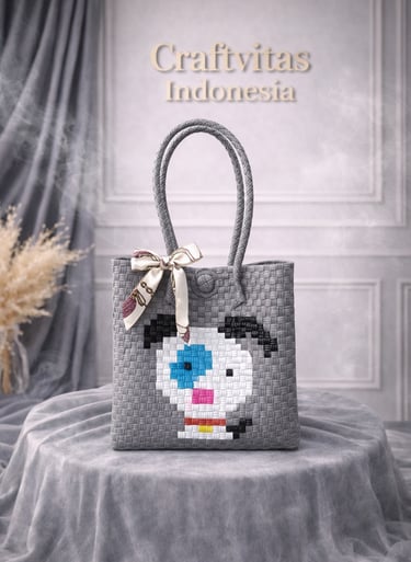 Tas anyaman karakter anjing warna abu handmade untuk hampers dan kado