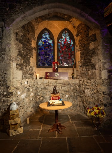 Harry Potter–themed birthday cake table by stone wall and stained glass, Fred Art Studio.