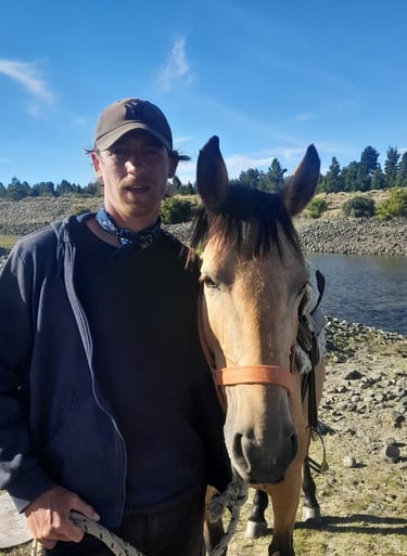 A young person and a horse standing together by a lake.