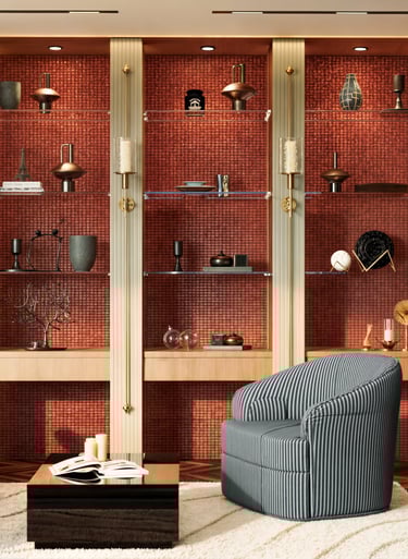 Luxury hallway display shelving with statement armchair Dubai