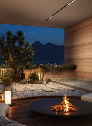 Luxury desert courtyard with circular fire pit and integrated seating