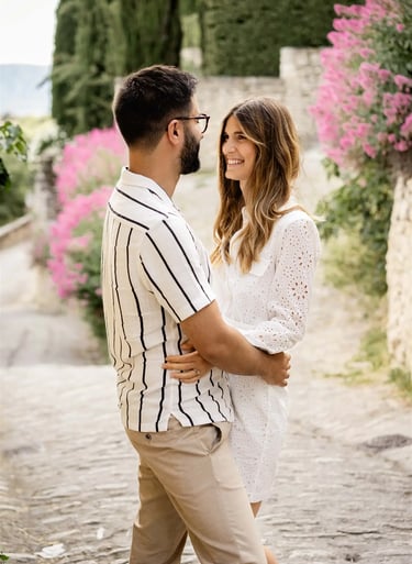 Smiling couple in a Provençal village alley with pink flowers — fine art editorial session