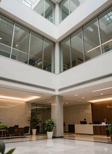 An elegant corporate lobby in a South American / Brazilian office building, featuring clean lines, glass, and a professional, welcoming atmosphere.