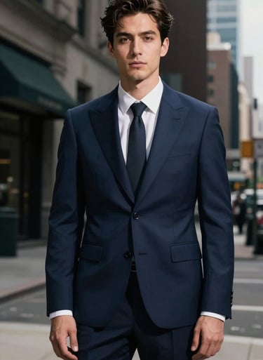 A cinematic editorial portrait of a creative visionary in a North American / US urban setting, wearing a bold tailored suit, captured with sharp focus and deep navy dramatic shadows.