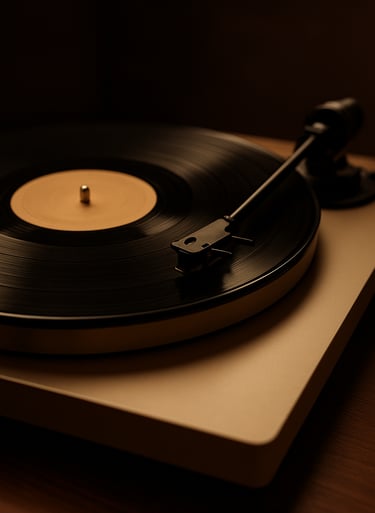 A vintage vinyl record spinning on a modern turntable, warm pearl cream and deep espresso tones, sophisticated music lover aesthetic.