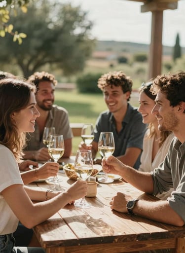 Candid lifestyle shot of a group of friends sharing wine and laughter at an outdoor wooden table in a sun-drenched patio, natural Iberian setting.
