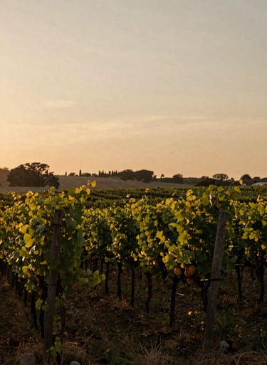 A wide shot of a sunset over a vineyard, captured with an authentic, grainy texture. The lighting is warm and ethereal, using #C4B29A and #F5F0E1 to create a sense of nostalgia. The composition is balanced and elegant.